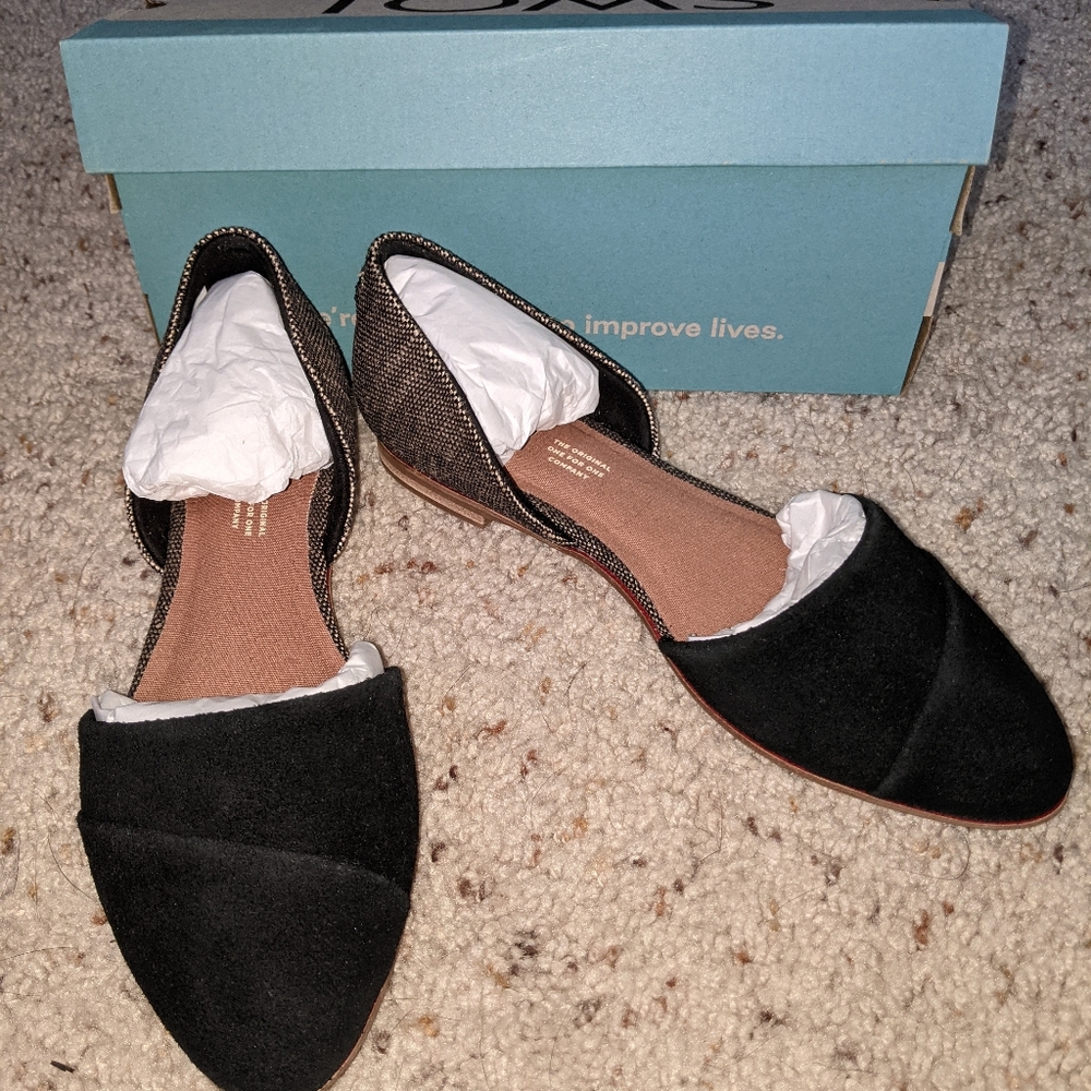 TOMS Black Suede Metallic Woven Jutti D'Orsay Flats Size W8